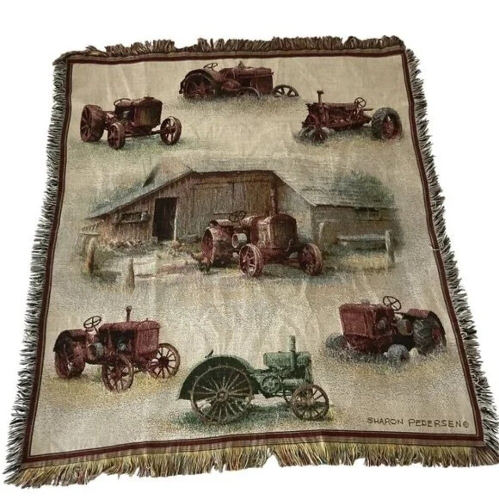 Vtg Sharon Pedersen Farm Tractors Tapestry Throw Blanket Made in USA 49 x 59